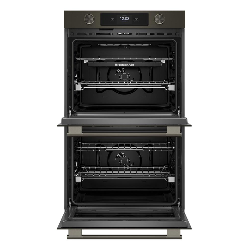 Double wall oven in black ore with dual convection interiors, adjustable racks, and LED touchscreen control panel