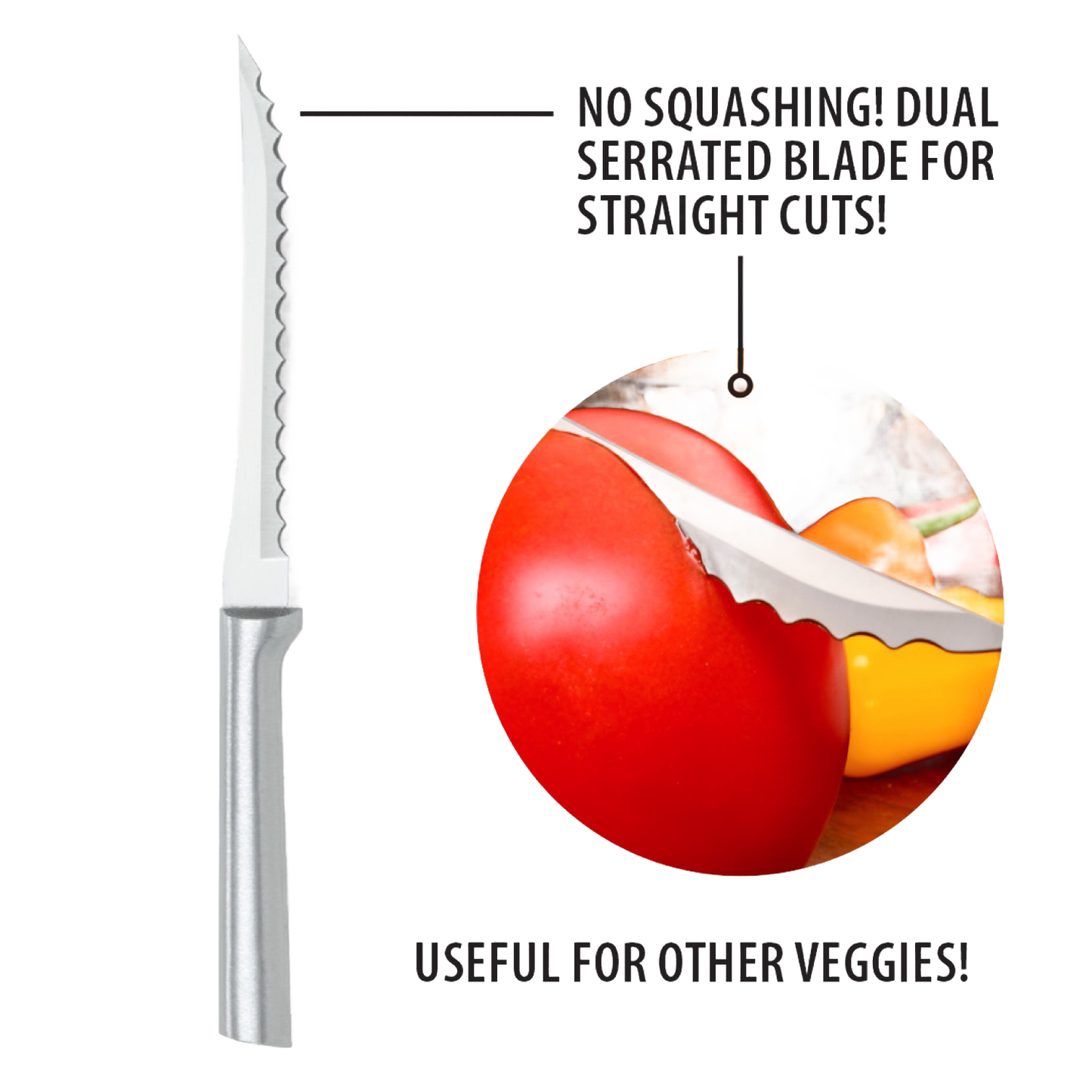 Serrated tomato slicer with solid aluminum handle cutting fresh tomato and pepper in kitchen utensils under $50 collection