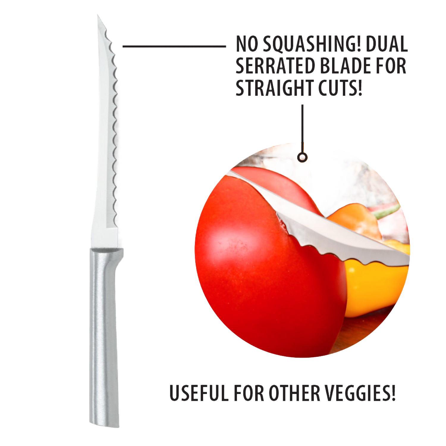 Serrated tomato slicer with solid aluminum handle cutting fresh tomato and pepper in kitchen utensils under $50 collection