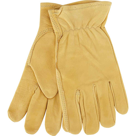 Pair of tan top grain cowhide leather work gloves for safety and hardware tasks in protective equipment collections