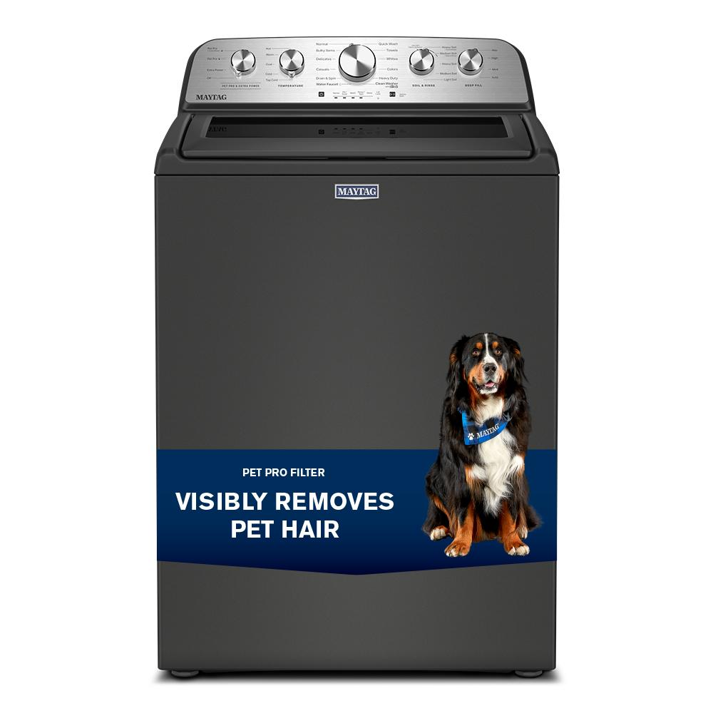 Dark gray top load washer with stainless steel controls and a blue banner highlighting pet hair removal feature.