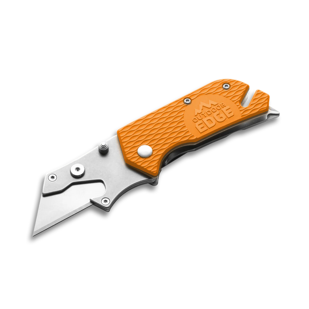Orange folding utility knife with textured grip and stainless steel blade for versatile home improvement tasks
