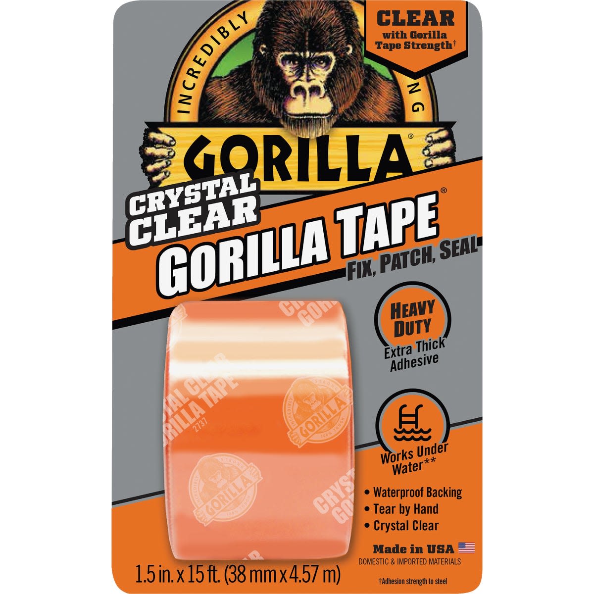 Clear heavy-duty Gorilla tape roll with waterproof backing and extra thick adhesive for home improvement tasks