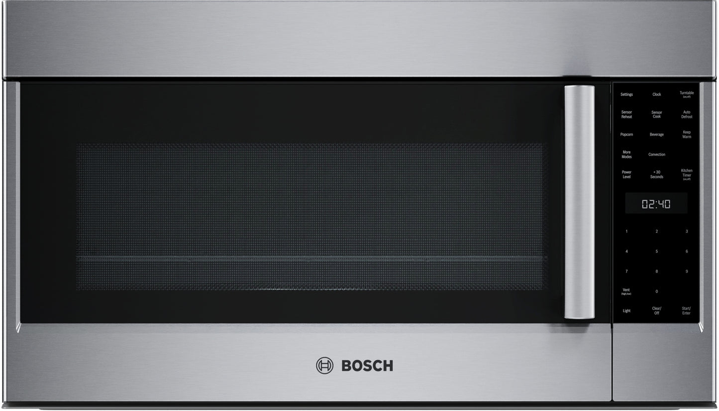 Stainless steel over-the-range microwave with left side-opening door and digital control panel in Bosch appliances collection