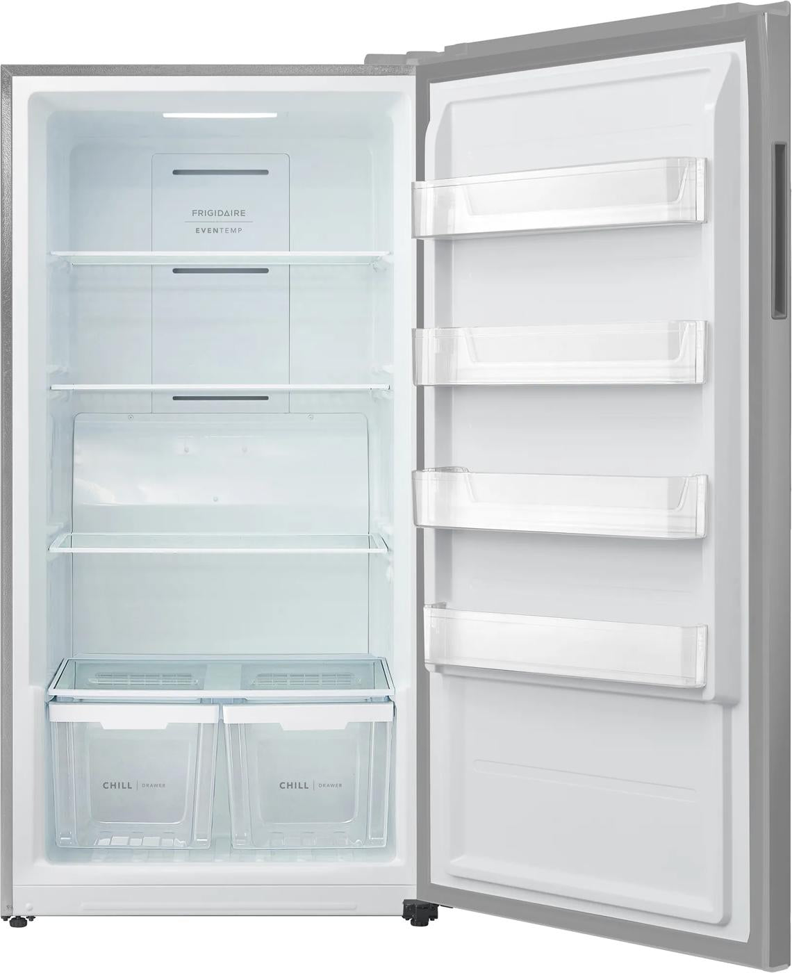 Open white upright freezer converted to refrigerator with adjustable shelves, door bins, and dual clear chill drawers, for Freezers & Ice Makers and Appliances collections