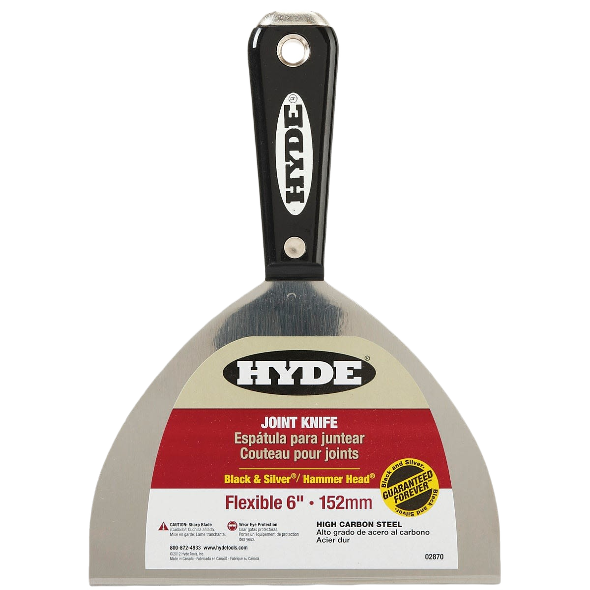 Hyde branded flexible hammer head joint knife with black handle and 6-inch steel blade for home improvement tasks