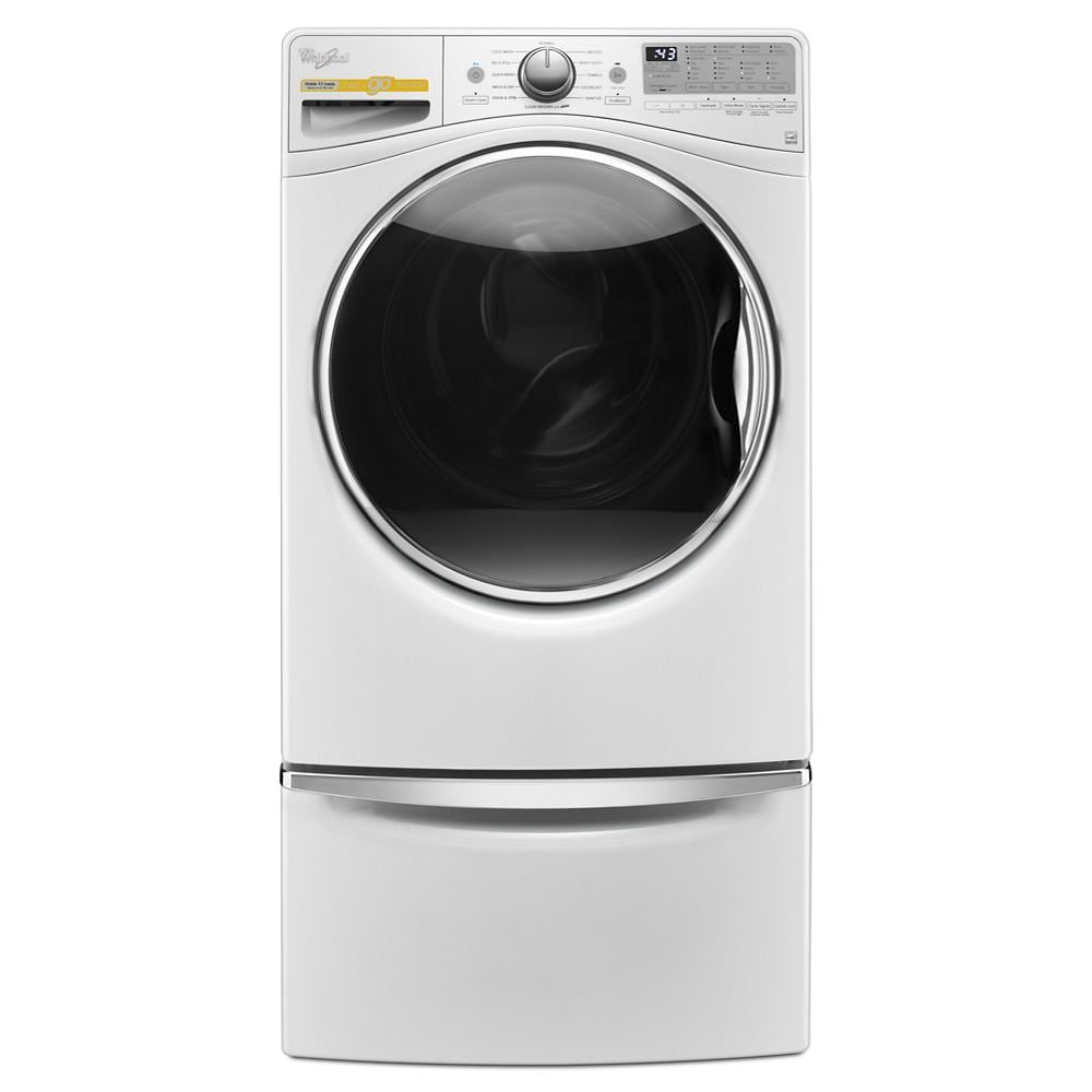 Front load white washing machine with circular glass door and pedestal drawer for laundry storage in appliances category