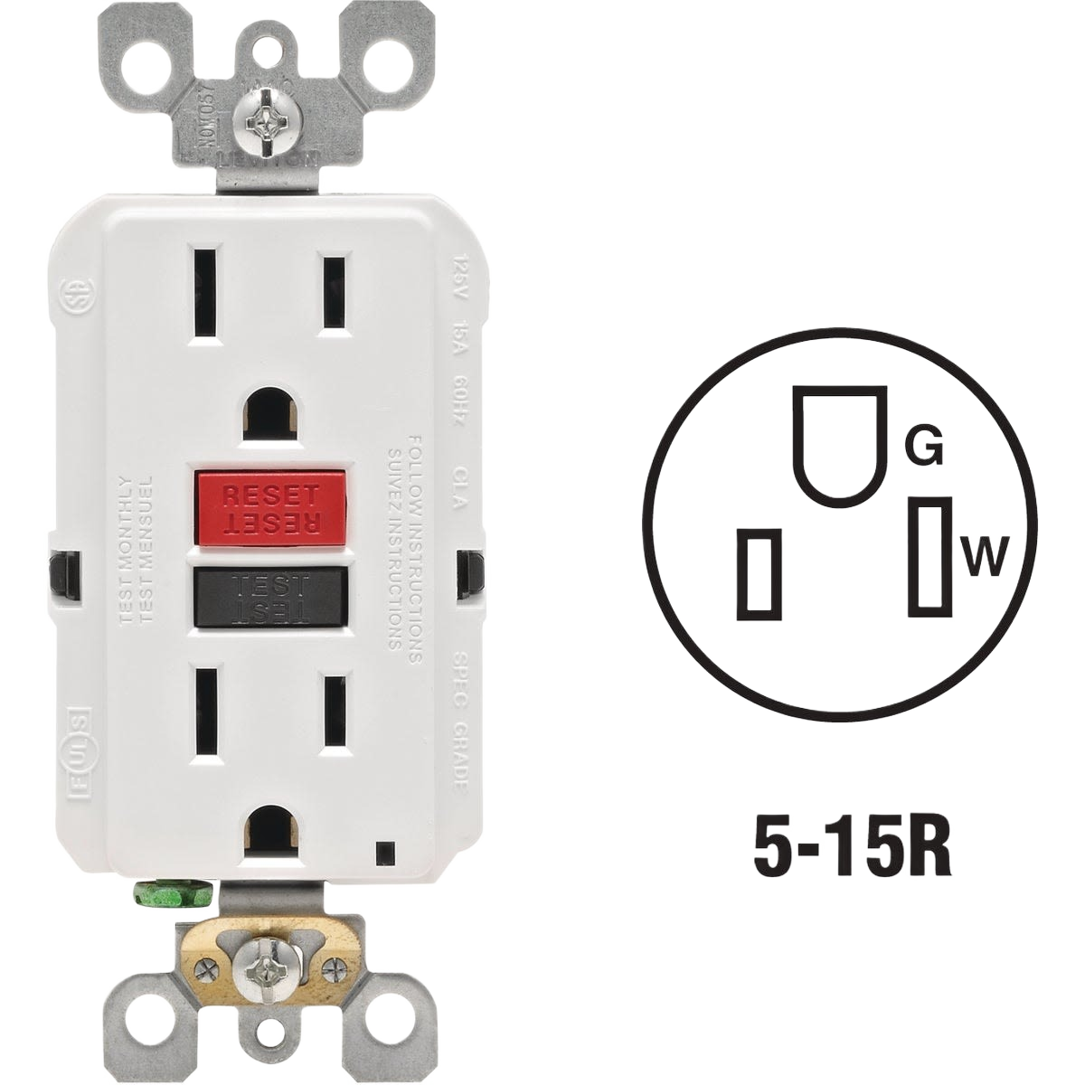 White GFCI outlet with reset and test buttons, designed for residential home improvement and electrical safety use