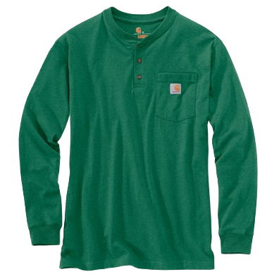 Green heavyweight cotton long-sleeve henley with loose fit, chest pocket displaying Carhartt logo patch, and three-button placket from men’s clothing collection under $50