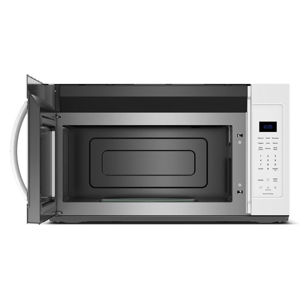 Over the range microwave with open door showing spacious interior and digital control panel in kitchen appliances collection