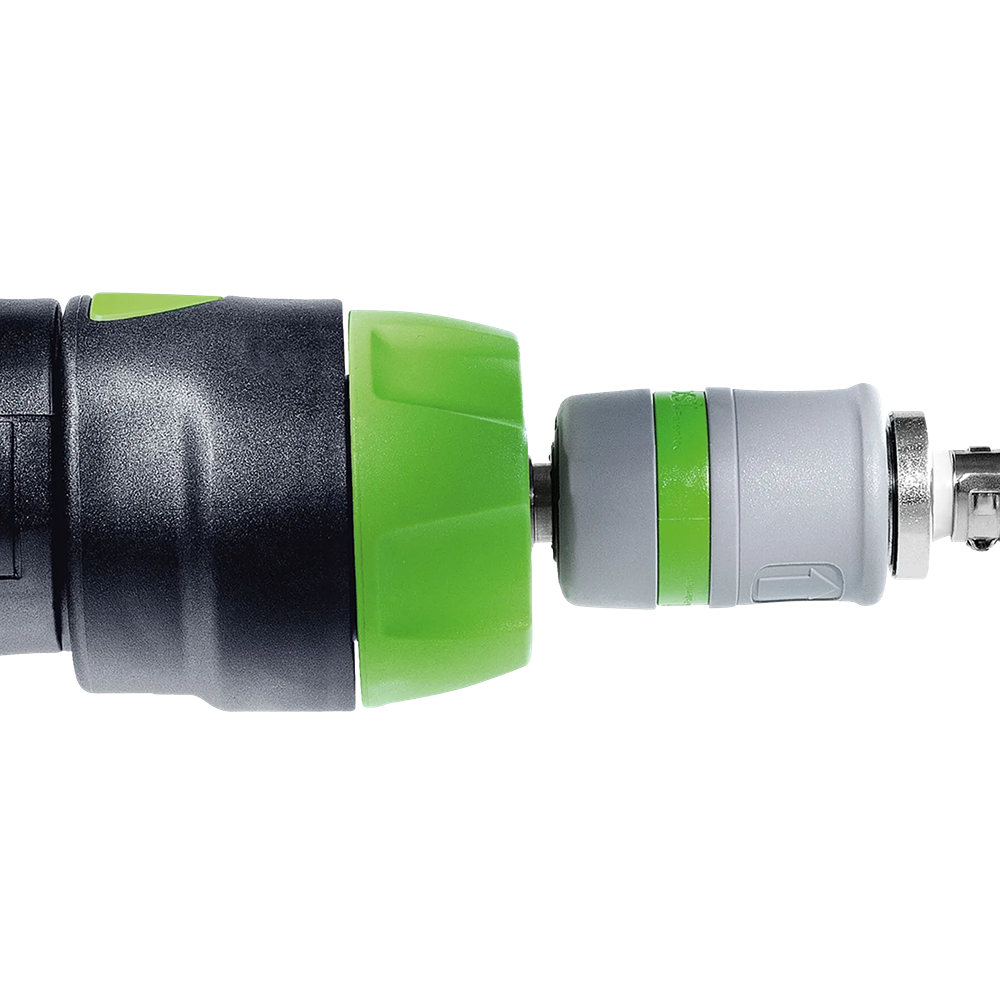 Close-up of green and gray adapter connecting compressed air sanding tool in woodworking tools and dust management setting