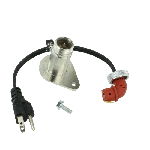 Metal automotive coolant heater part with black power cord and red connector for John Deere engine accessories collection