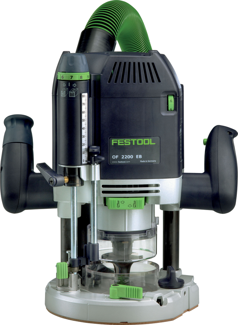 Professional woodworking router with black and gray body and green controls for precise cutting in home improvement tools collection