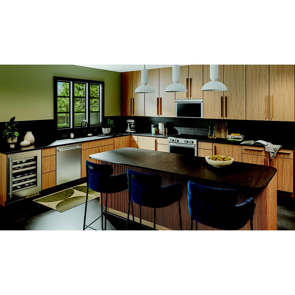 Modern kitchen with wood cabinetry, black countertops, stainless steel appliances, and undercounter wine cellar with wood racks.