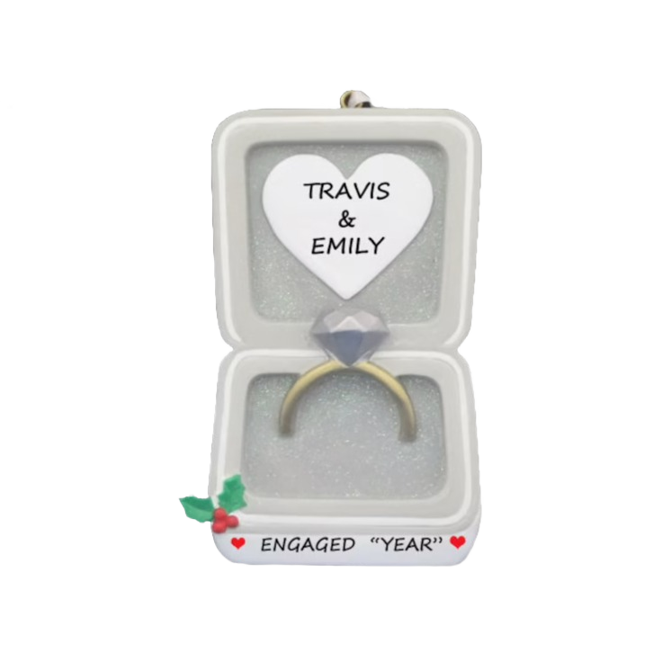Personalized engagement ring ornament in white box with heart, holly accents for Christmas Ornaments & Tree Decorations under $50