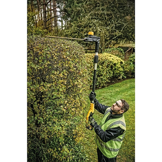 Man trimming tall hedge using yellow and black adjustable pole hedge trimmer for home improvement tasks
