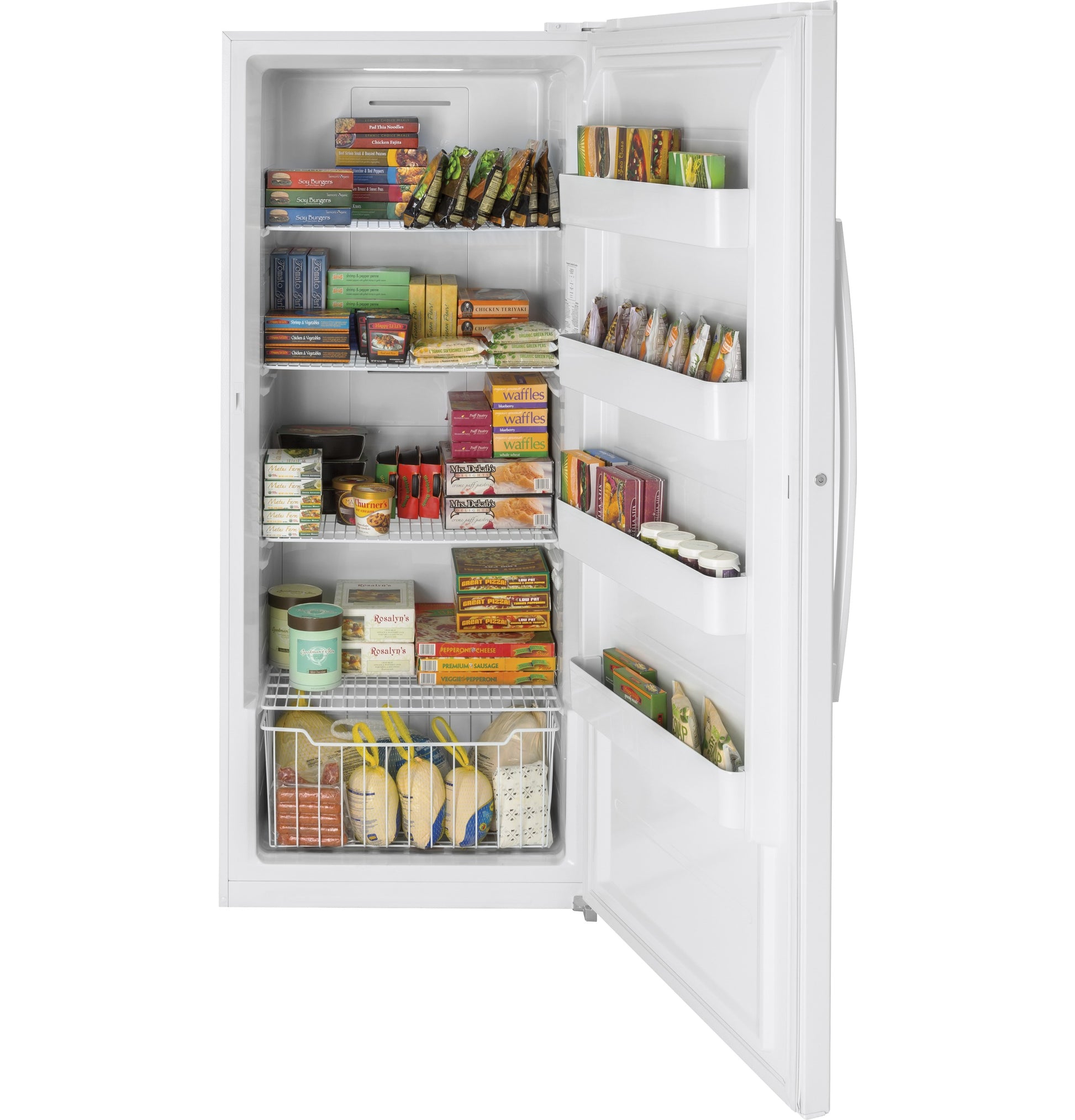 White upright freezer with open door showing organized frozen food shelves and door compartments in appliances collection