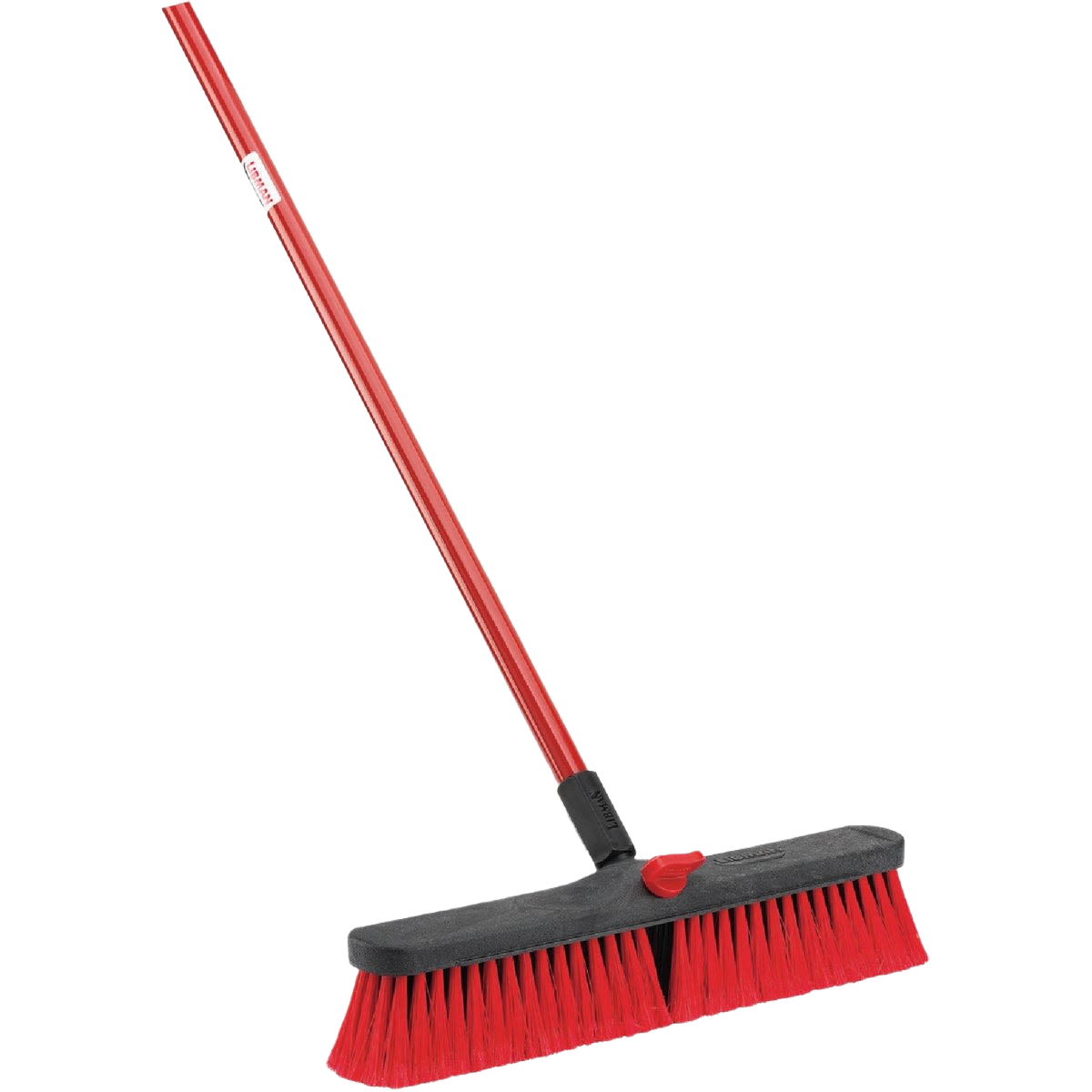 Red push broom with firm angled bristles and steel handle for multi-surface cleaning in home improvement tools collection
