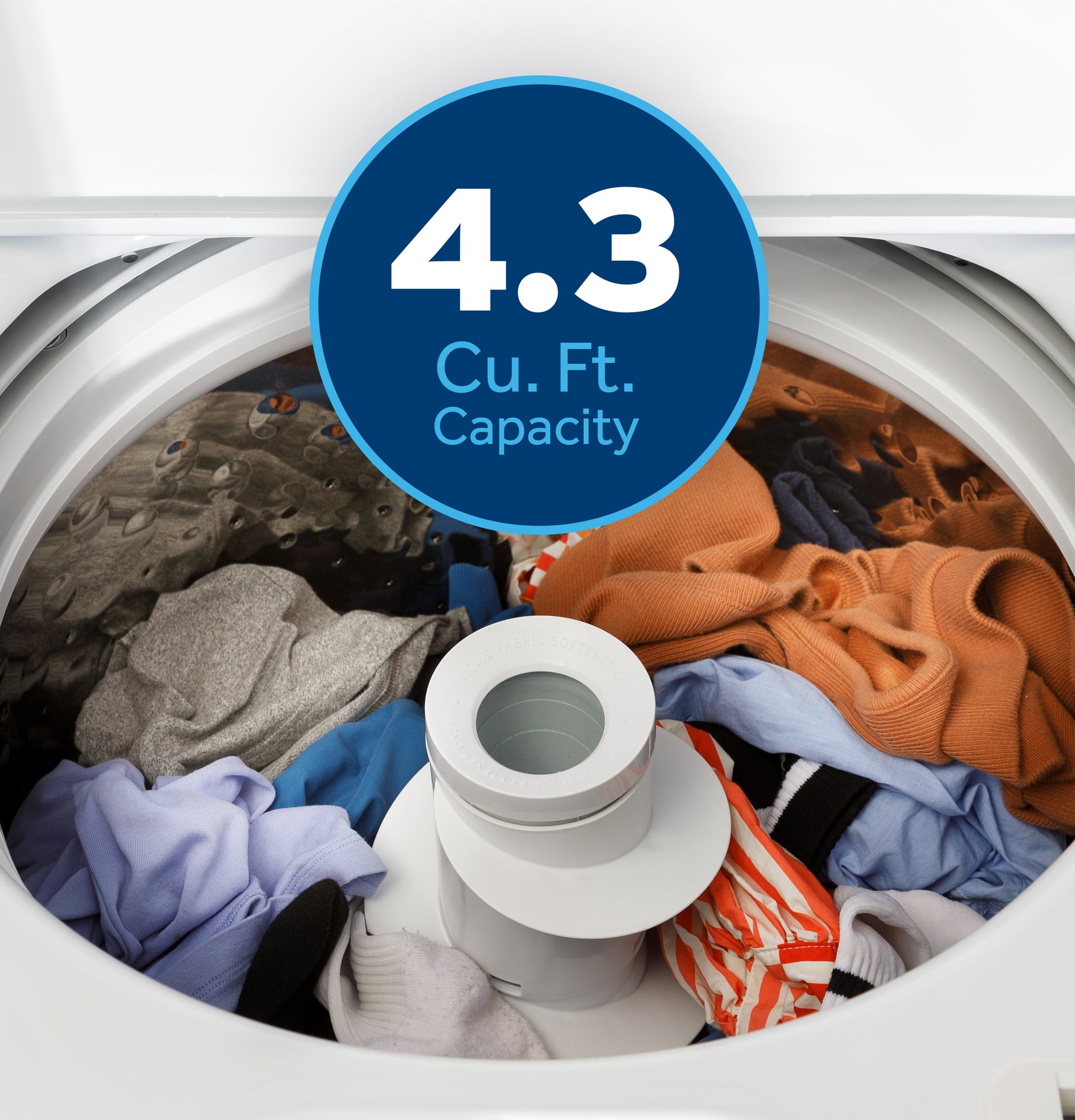 Top load washer interior loaded with colorful clothes and central agitator from washers and appliances collection