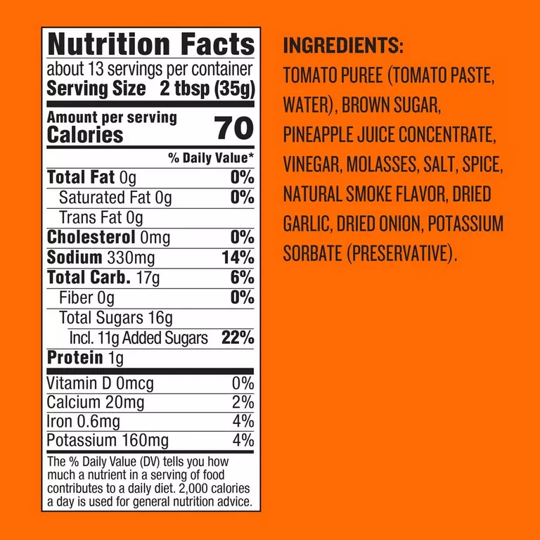 Nutrition facts and ingredients list for BBQ sauce featuring tomato puree, brown sugar, pineapple juice, vinegar, and spices in grilling sauces collection