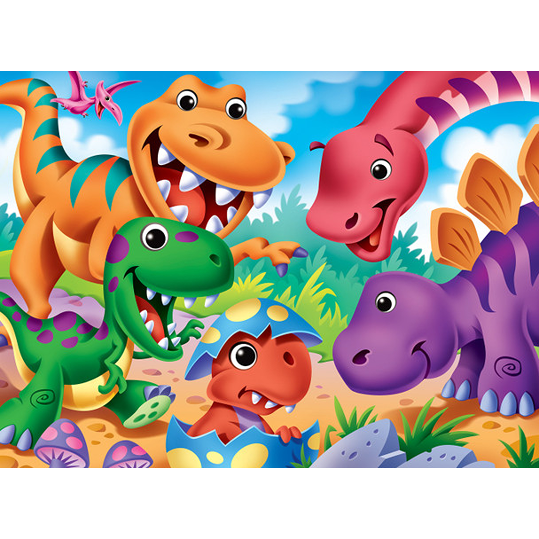 Brightly colored dinosaurs with playful googly eyes in a vibrant kids puzzle from Toys & Games and Puzzles collections under $50