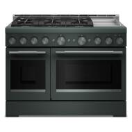 dark green 48-inch commercial-style gas range with six burners and chrome electric griddle for home cooking and kitchen improvement
