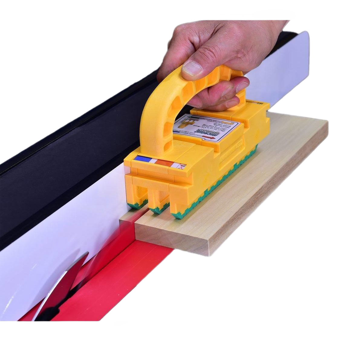 Yellow push block for table saw safety, enhancing precision and preventing kickback during wood cutting in power tool accessories.
