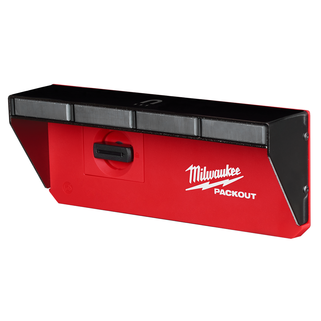 Red and black Milwaukee PACKOUT magnetic rack with three magnetized faces for tool storage and garage organization