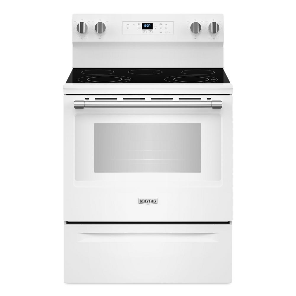 Front view of white 30-inch electric range with ceramic glass cooktop and control knobs from Ranges & Kitchenware collection