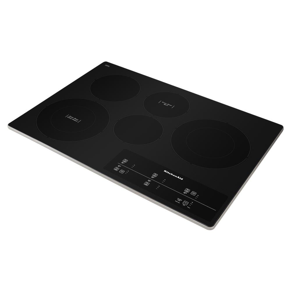Black glass electric cooktop with five heating zones and touch controls from KitchenAid Appliances collection