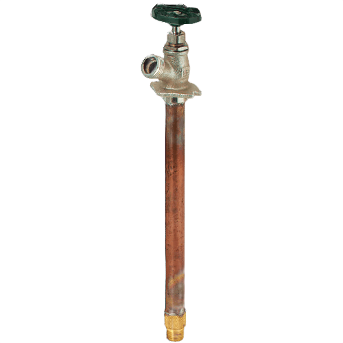 Brass frost free wall hydrant with green handle and 10-inch pipe for outdoor home improvement plumbing tasks