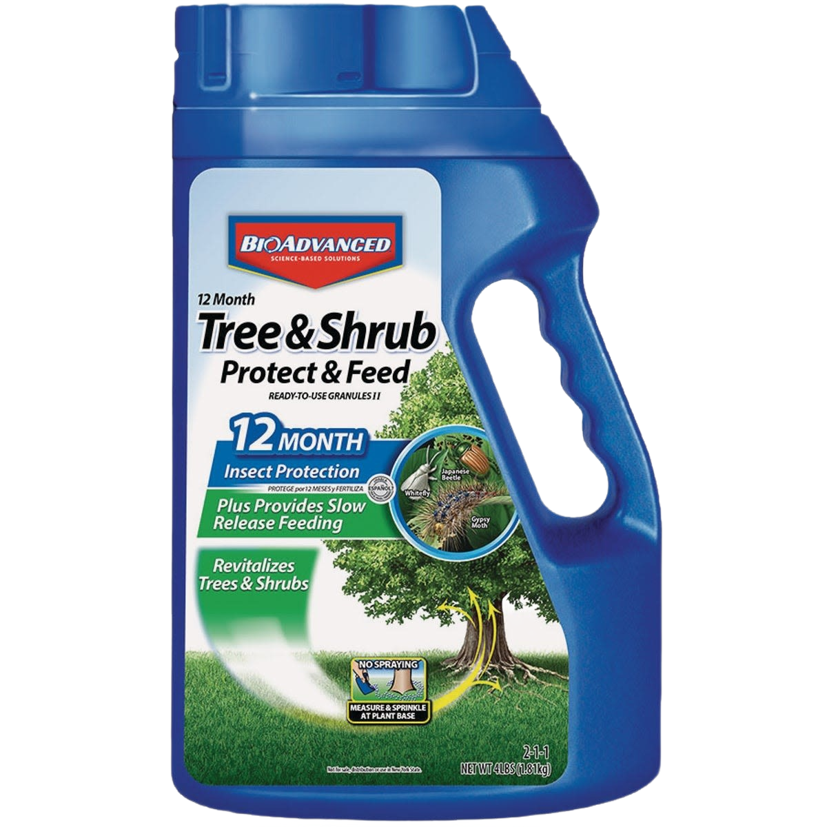 Blue container of insect killer granules for trees and shrubs offering 12-month pest protection in garden care collections