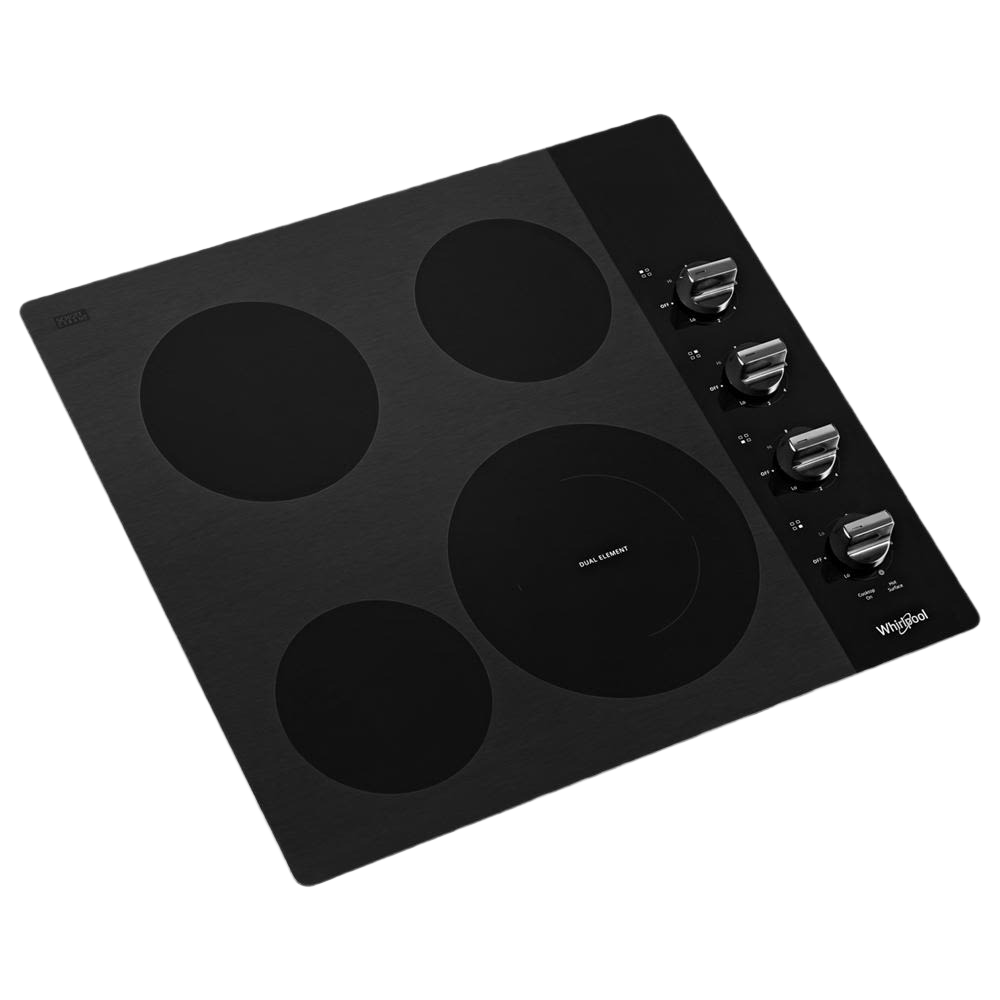 24-inch black ceramic glass electric cooktop with four cooking zones and control knobs on the right side