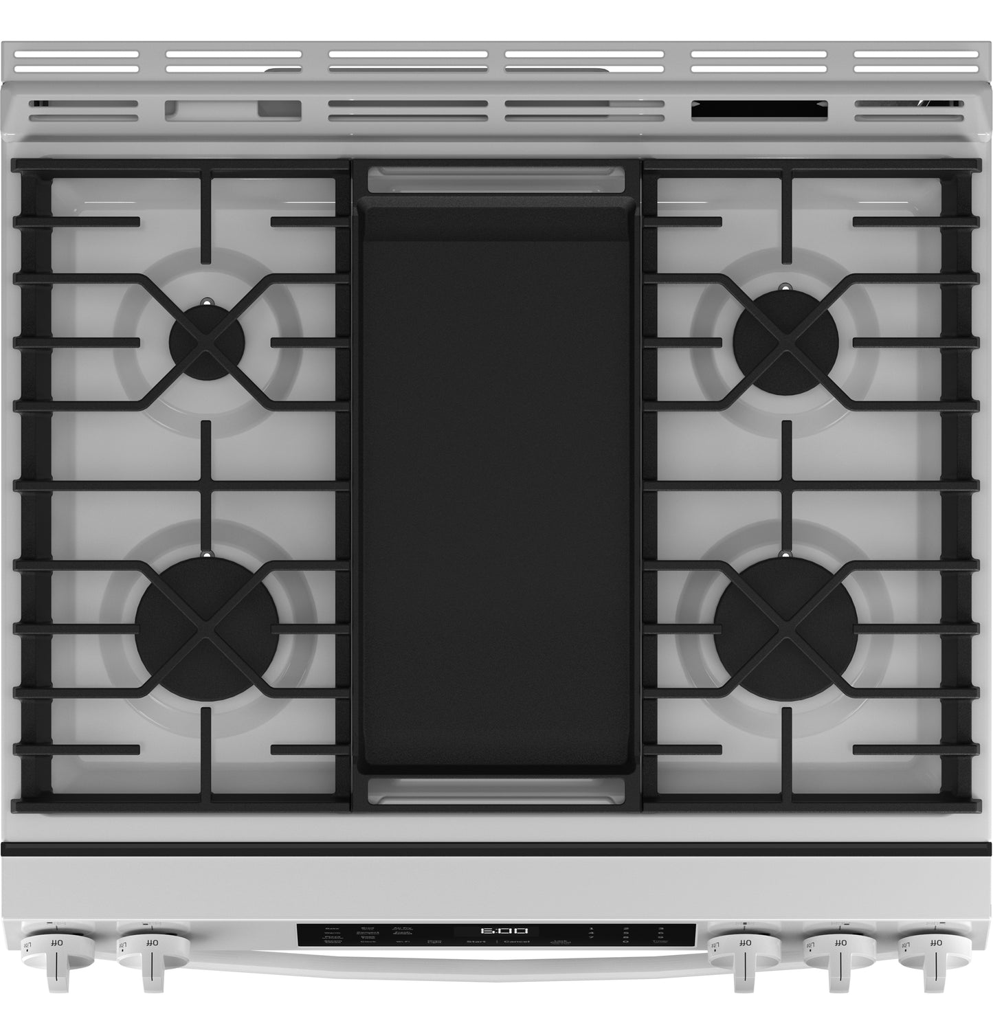 Top view of stainless steel gas range cooktop with four burners and central griddle in kitchen appliances collection