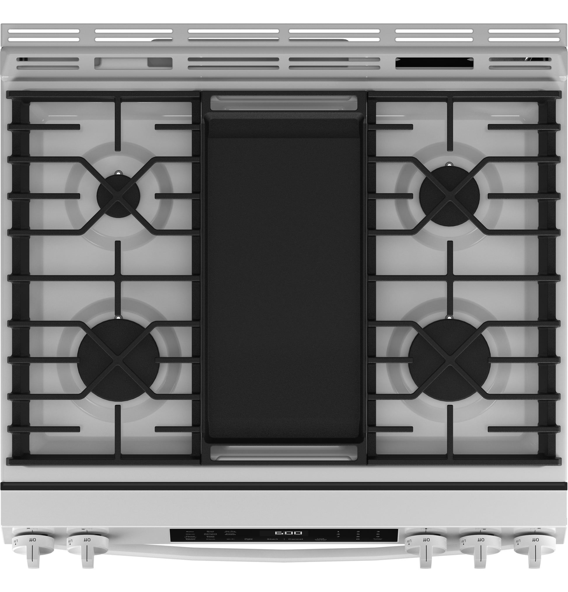 Top view of stainless steel gas range cooktop with four burners and central griddle in kitchen appliances collection