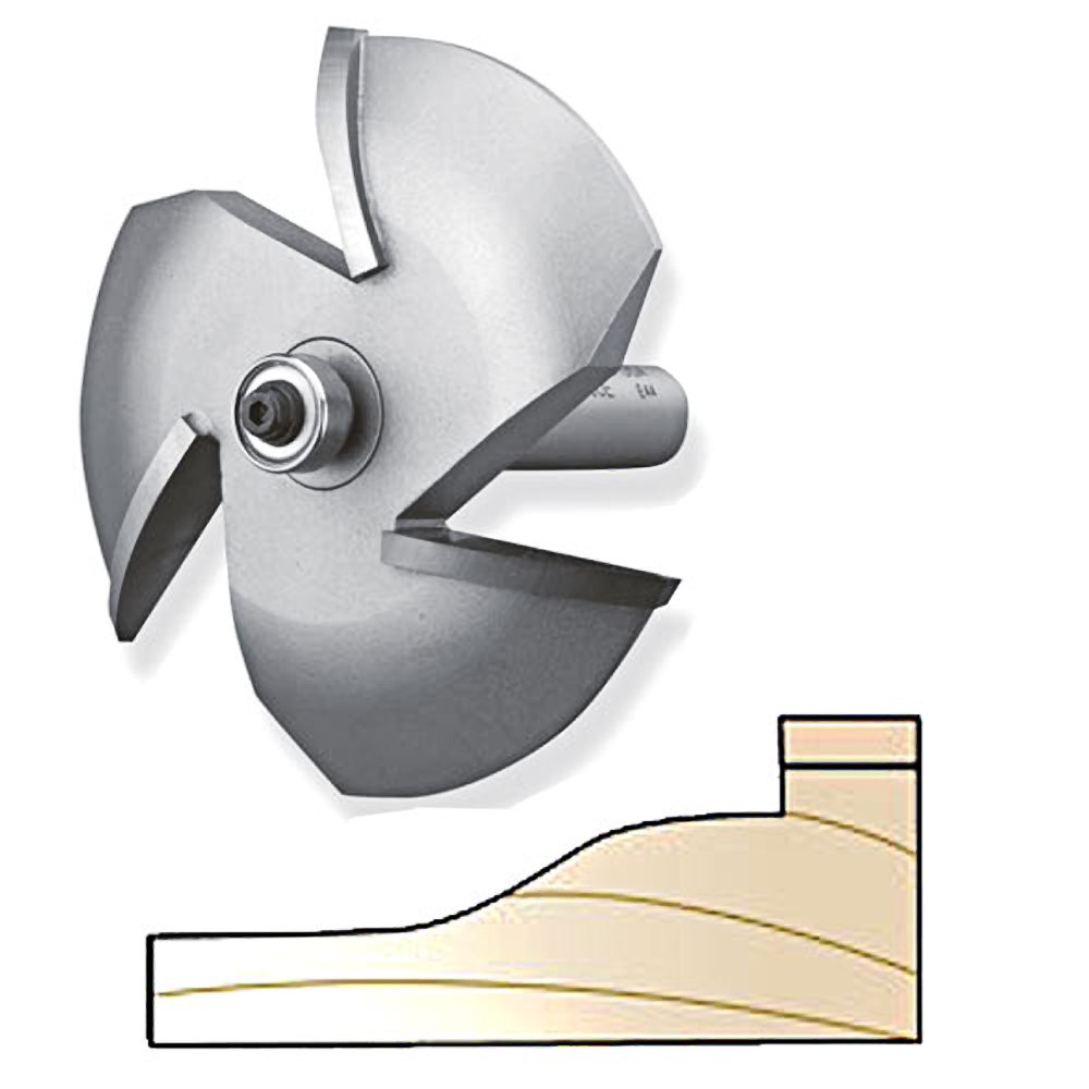 Three-wing steel raised panel woodworking bit with bearing for shaping decorative edges on wood panels