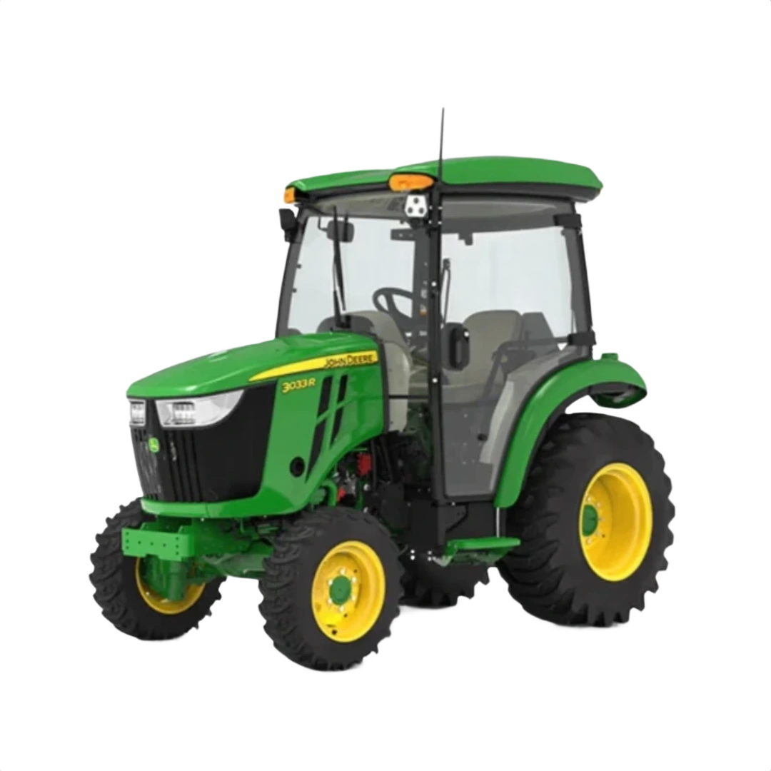 Green and yellow compact tractor with enclosed cab and standard seat for outdoor tools and home improvement tasks