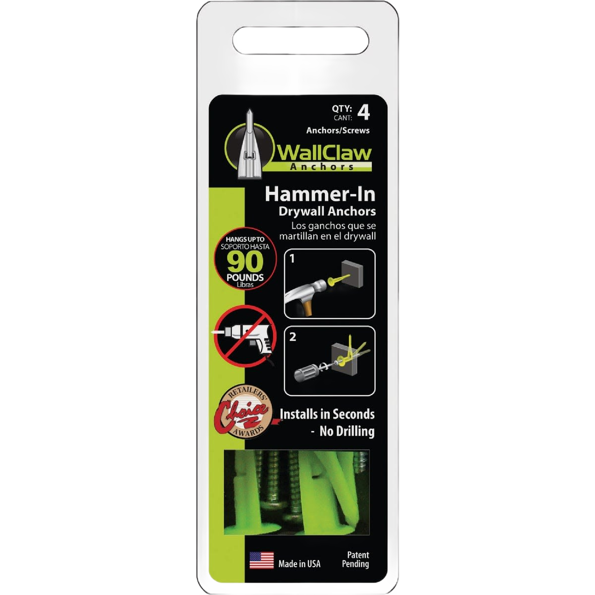 Set of four WallClaw plastic hammer-in drywall anchors for fast installation with no drilling, in hardware and fasteners collections