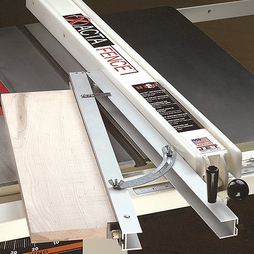 White metal taper jig with adjustable arm and clamp holding wood on table saw for woodworking projects