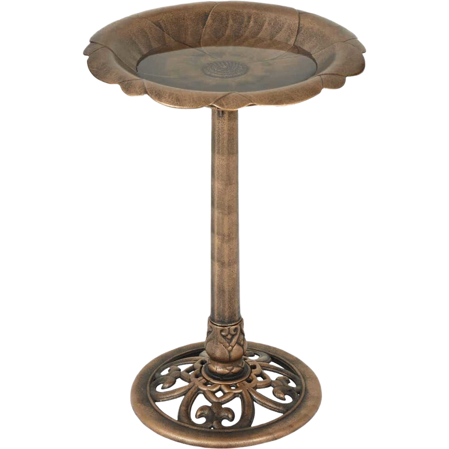 Antique bronze flower pedestal bird bath with decorative base for garden and outdoor home improvement settings