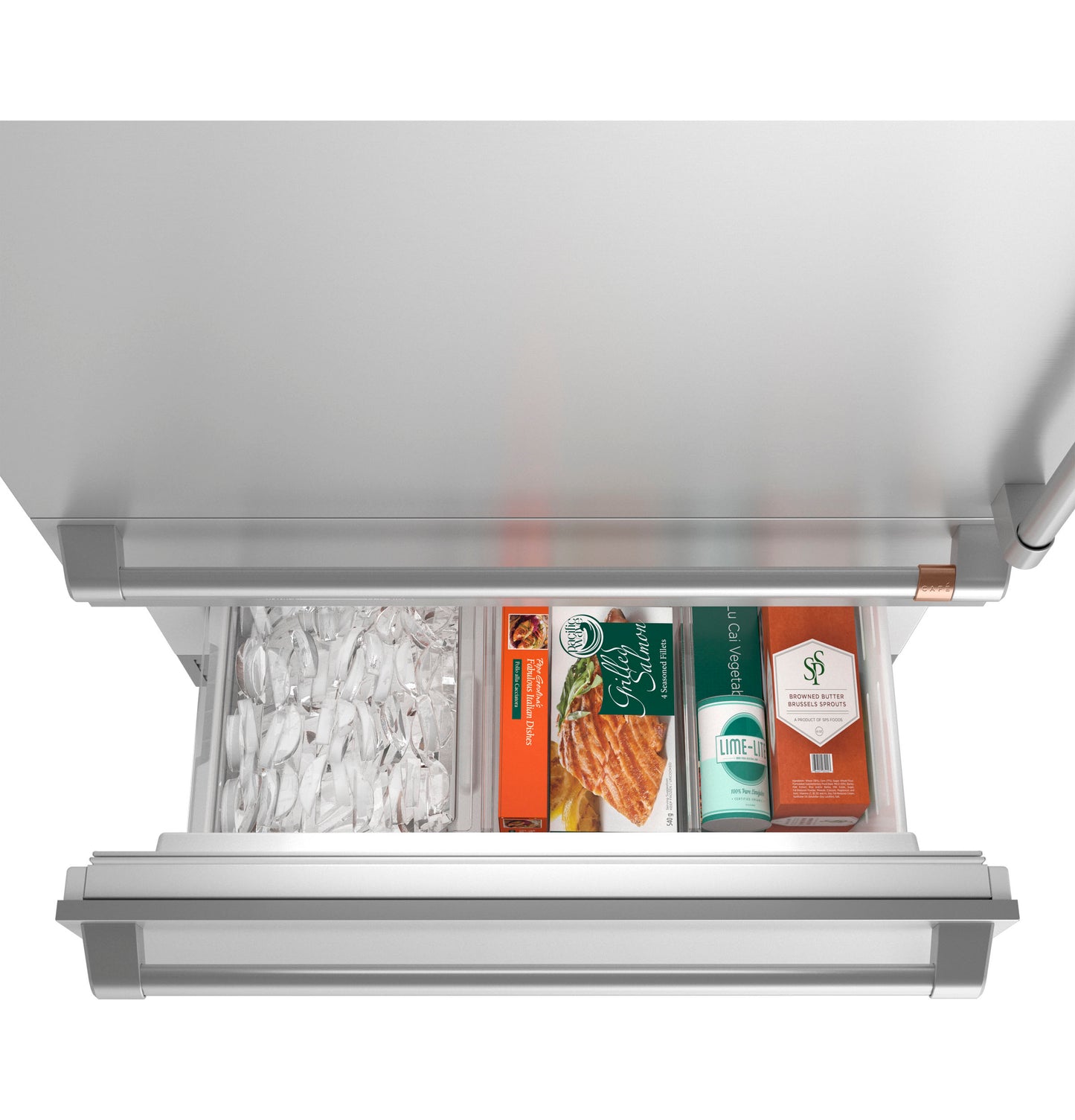 Open bottom freezer drawer in stainless steel refrigerator with organized frozen foods in kitchen appliances collection