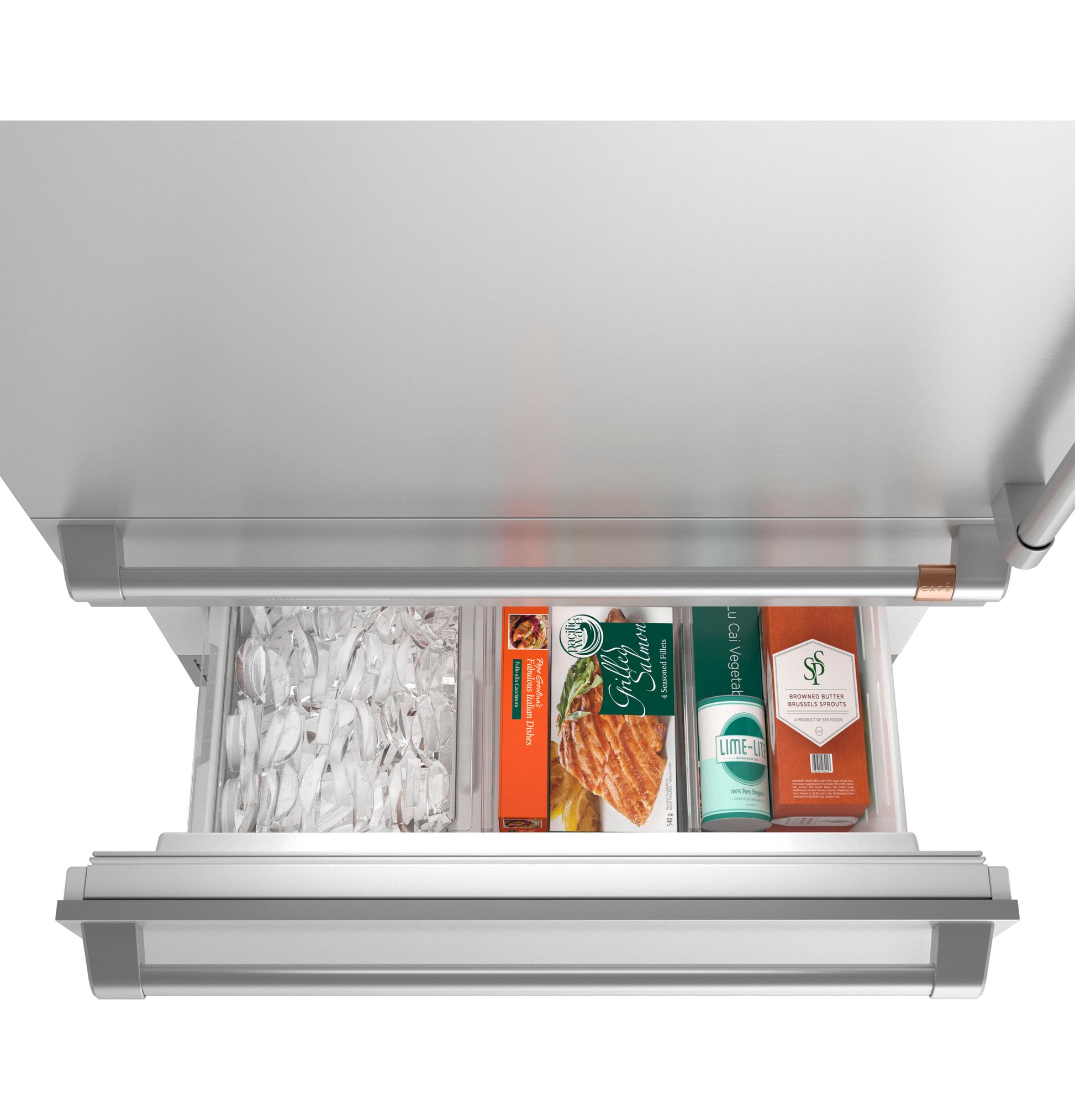 Open bottom freezer drawer in stainless steel refrigerator with organized frozen foods in kitchen appliances collection