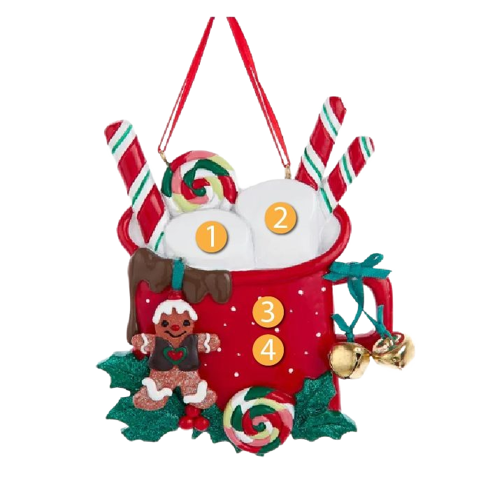 Red festive mug ornament with candy canes, marshmallows, gingerbread figure, holly leaves, and jingle bells decoration