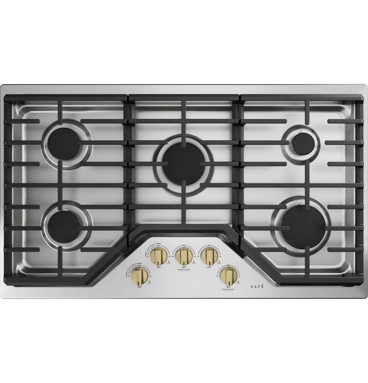 Stainless steel 36-inch gas cooktop with five burners and gold-tone control knobs for kitchen and home improvement collections