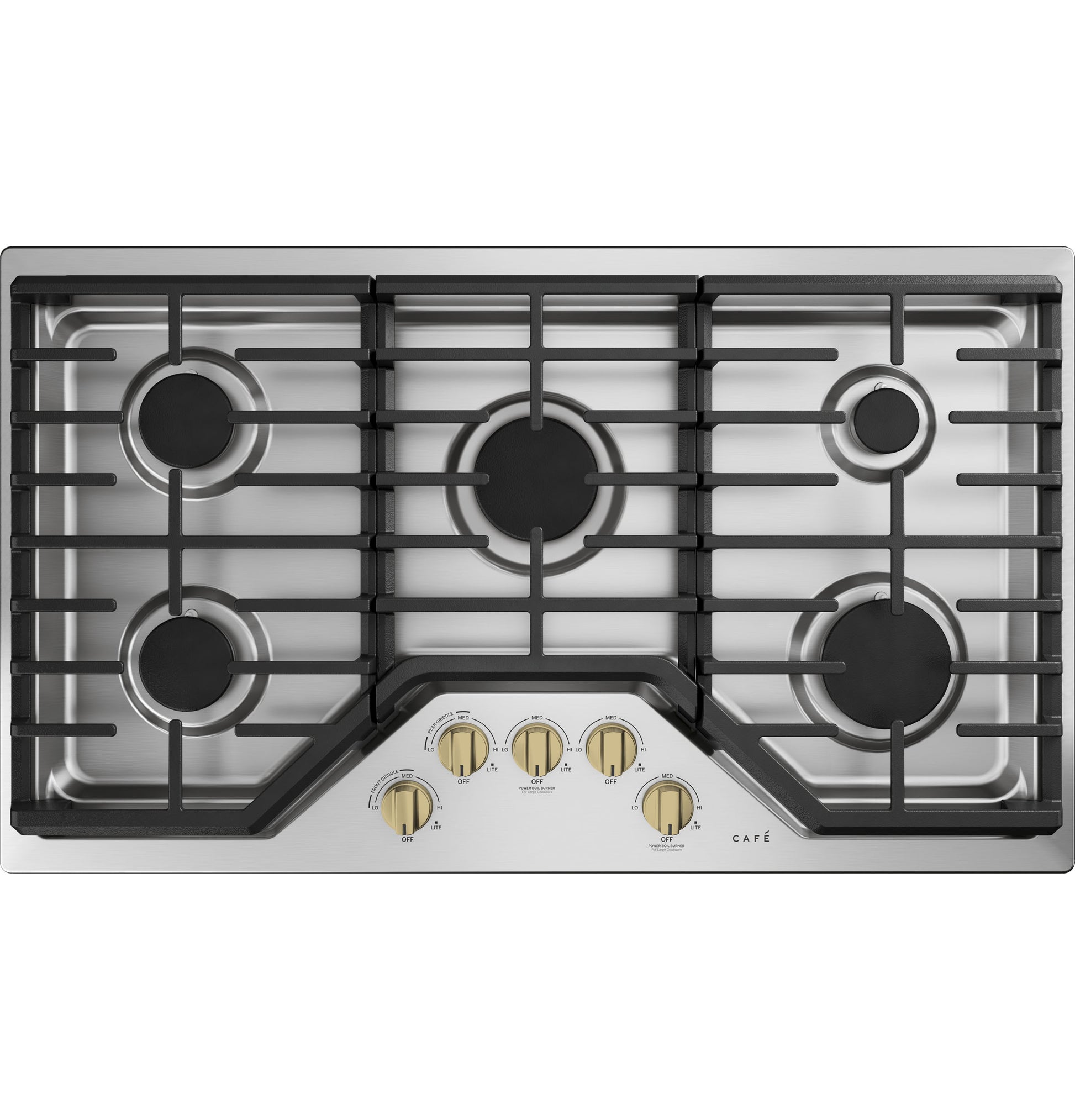 Stainless steel 36-inch gas cooktop with five burners and gold-tone control knobs for kitchen and home improvement collections