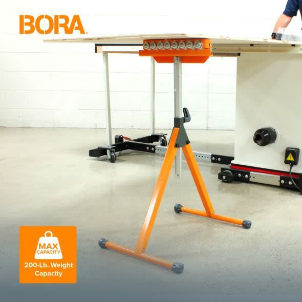 Orange A-frame roller stand with adjustable height and wheels for supporting heavy tools in home improvement projects