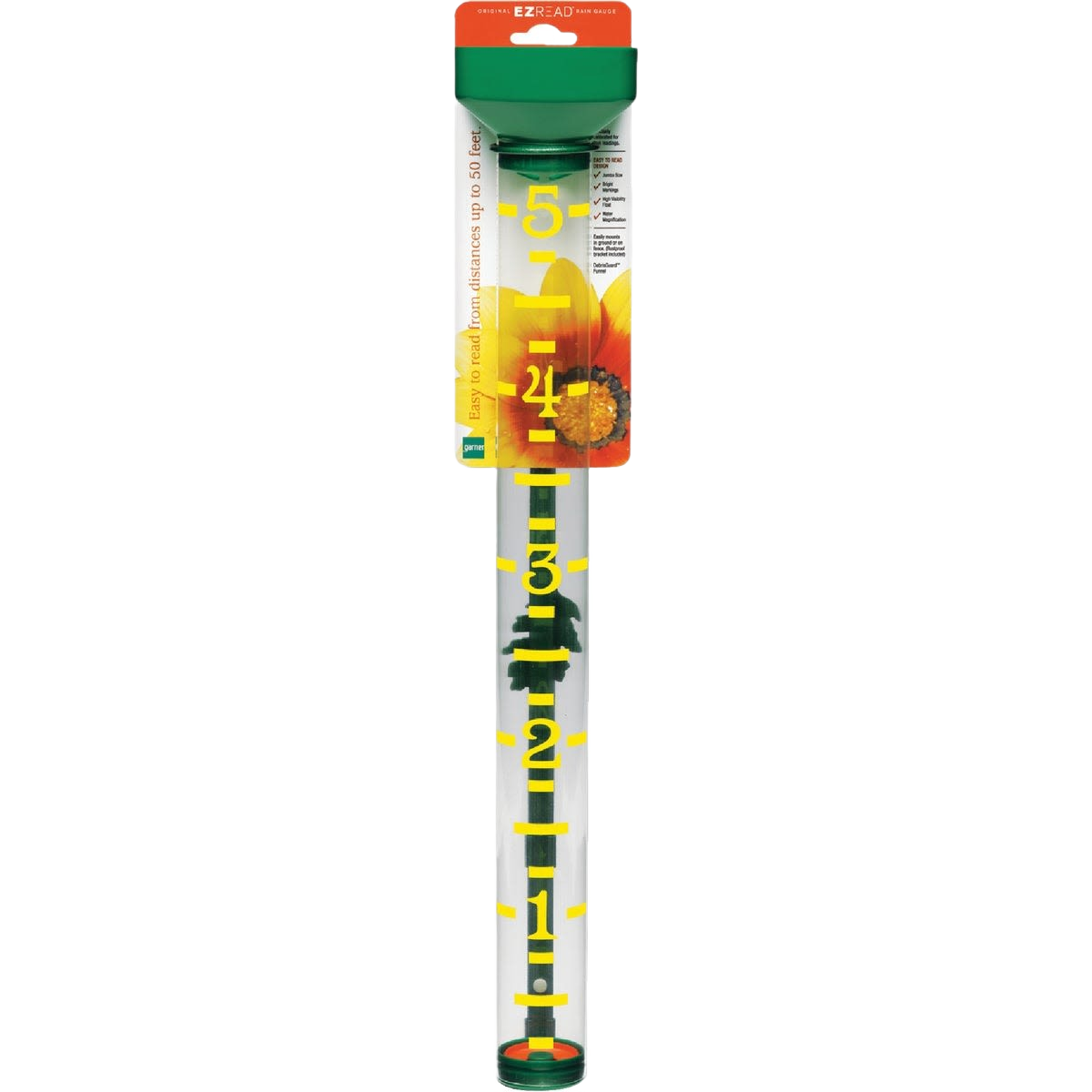 Clear plastic rain gauge with bright yellow markings and green top for accurate outdoor weather measurement