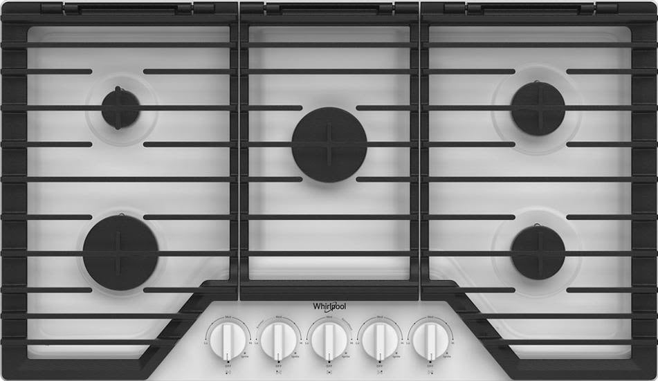36-inch gas cooktop with five burners and hinged cast-iron grates for kitchen and home improvement use