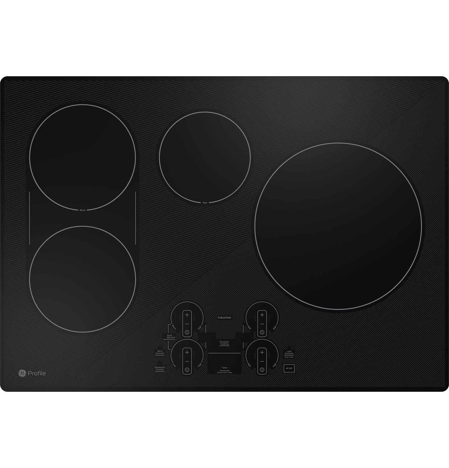 Black built-in induction cooktop with four cooking zones and touch controls in Cooktops and Appliances collections