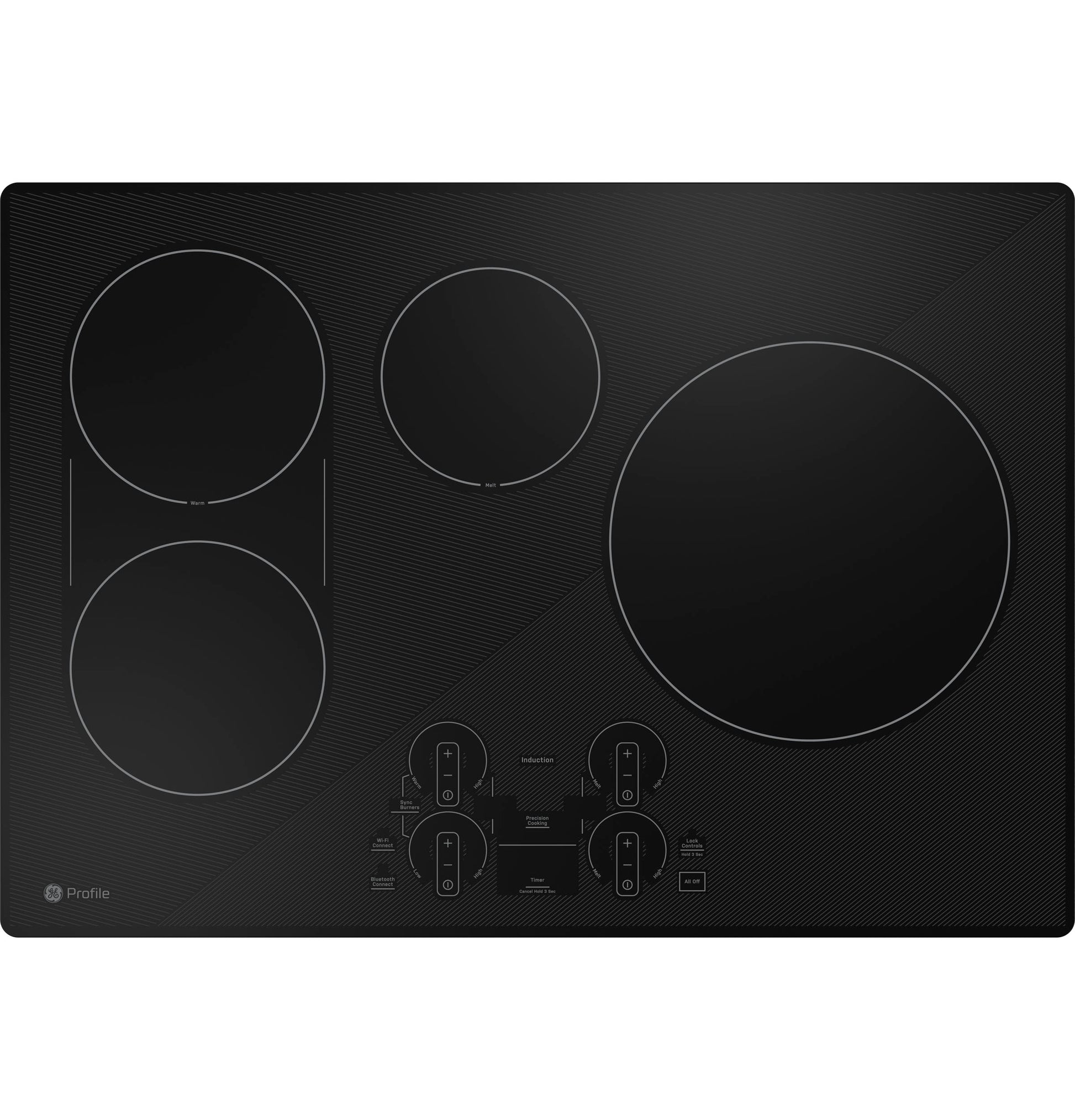 Black built-in induction cooktop with four cooking zones and touch controls in Cooktops and Appliances collections